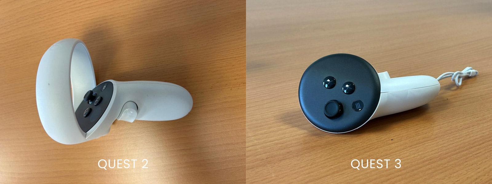 Comparaison des manettes Quest 2 (anneau circulaire) et Quest 3 Touch Plus (sans anneau)
